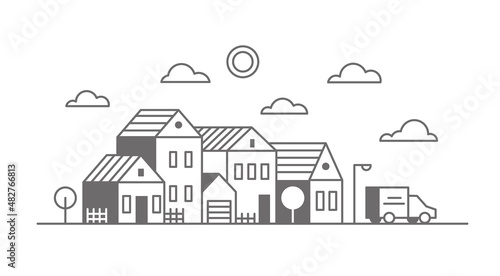 Fototapeta Naklejka Na Ścianę i Meble -  Suburban neighborhood landscape. Silhouette of houses on the skyline. Countryside cottage homes near the road. Outline vector illustration.