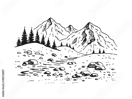 Landscape with mountains and forest. Hand drawn illustration converted to vector.