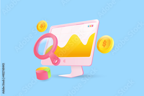 Search advertising, seo analytics data with magnifying glass, money display on computer screen, 3d illustration abstract technology marketing concept.