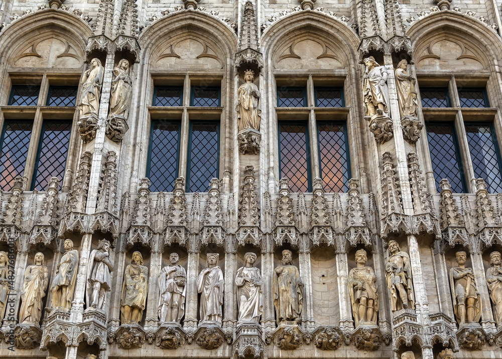 Facade of the Brussels Town Hall, located in the Grand Place, Brussels, Belgium