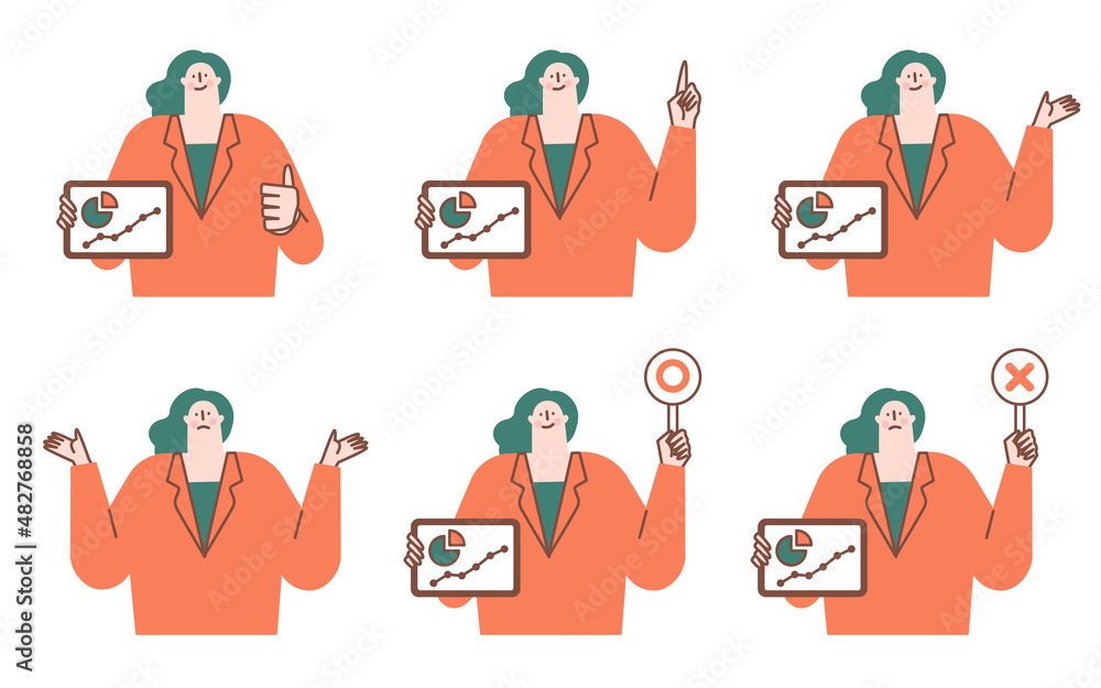 Vector illustration of a woman explaining with a tablet terminal.