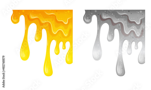 Shiny gold and silver slime. Flowing viscous liquid. Dripping honey. Vector cartoon illustration