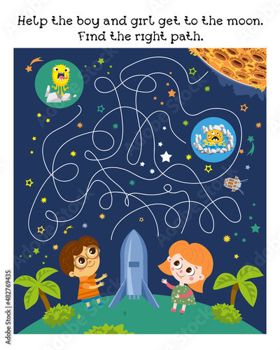 Fototapeta Naklejka Na Ścianę i Meble -  Help the boy and girl get to the moon. Find the right path. Maze game, activity for kids. Vector illustration.