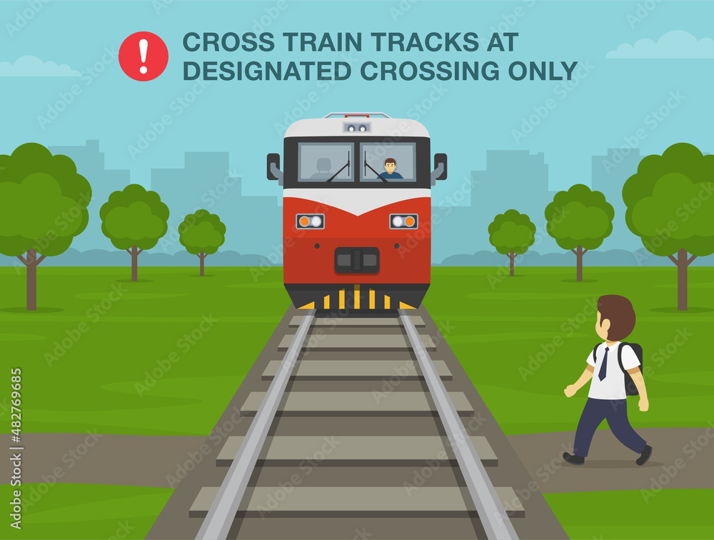 Railroad safety rules and tips. Cross train tracks at designated