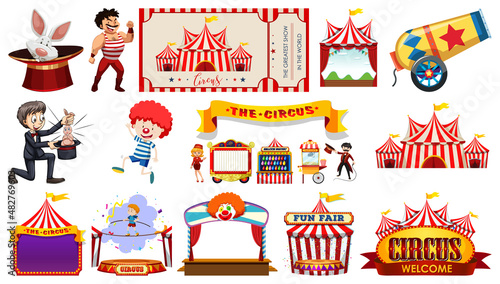 Set of circus characters and amusement park elements