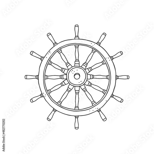 Steering wheel rudder. Vector black white doodle sketch outline retro isolated illustration.
