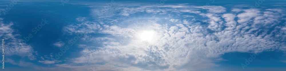 Blue sky panorama with Cirrus clouds in Seamless spherical equirectangular format. Full zenith for use in 3D graphics, game and editing aerial drone 360 degree panoramas for sky replacement. Blue sky panorama with Cirrus clouds in Seamless spherical equirectangular format. Full zenith for use in 3D graphics, game and editing aerial drone 360 degree panoramas for sky replacement.