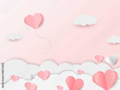 Folded heart balloon fly through pink sky and cloud with lovely gift for Valentine's Day.