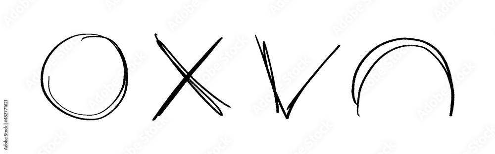 Hand drawn circle, cross and checkmark with arc. Vector hand drawn doodle illustration. Graphic element strikethrough, round frame and signs isolated on white background. Hand drawn circle, cross and checkmark with arc. Vector hand drawn doodle illustration. Graphic element strikethrough, round frame and signs isolated on white background.
