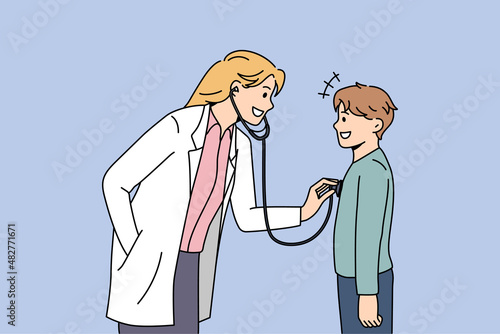 Pediatrician working in healthcare concept. Young smiling woman pediatrician standing and examining little boy patient with stethoscope vector illustration 