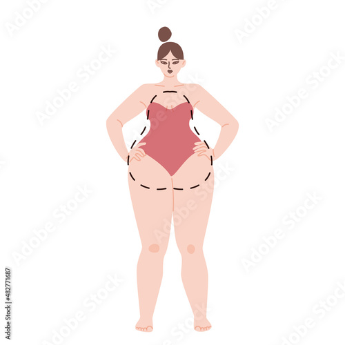 The female body is a pear type. Cartoon light skinned chubby girl in a strapless swimsuit. Vector stock illustration of a woman with broad shoulders isolated on white background.