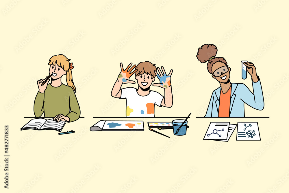 Education and learning subjects concept. Group of happy excited people children kids sitting learning writing painting and chemistry in class vector illustration Education and learning subjects concept. Group of happy excited people children kids sitting learning writing painting and chemistry in class vector illustration
