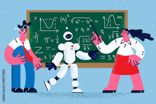Robot teacher help students at board in college 