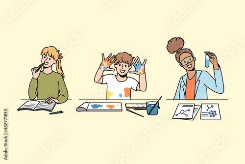 Education and learning subjects concept. Group of happy excited people children kids sitting learning writing painting and chemistry in class vector illustration 