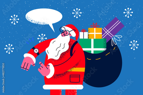 Santa Claus with presents deliver gifts on Christmas 