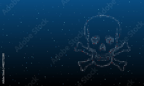 On the right is the skull symbol filled with white dots. Background pattern from dots and circles of different shades. Vector illustration on blue background with stars