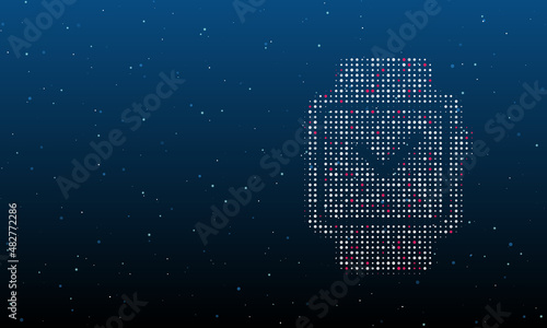 On the right is the smart watch symbol filled with white dots. Background pattern from dots and circles of different shades. Vector illustration on blue background with stars