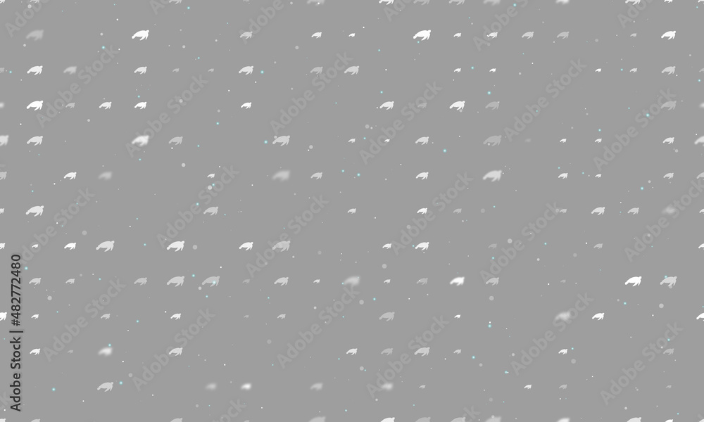 Seamless background pattern of evenly spaced white sea turtle symbols of different sizes and opacity. Vector illustration on gray background with stars