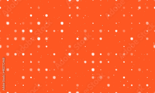 Seamless background pattern of evenly spaced white sea urchin symbols of different sizes and opacity. Vector illustration on deep orange background with stars