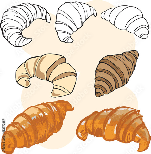 Outline bakery croissant,cartoon croissant drawing set,2d  illustration.