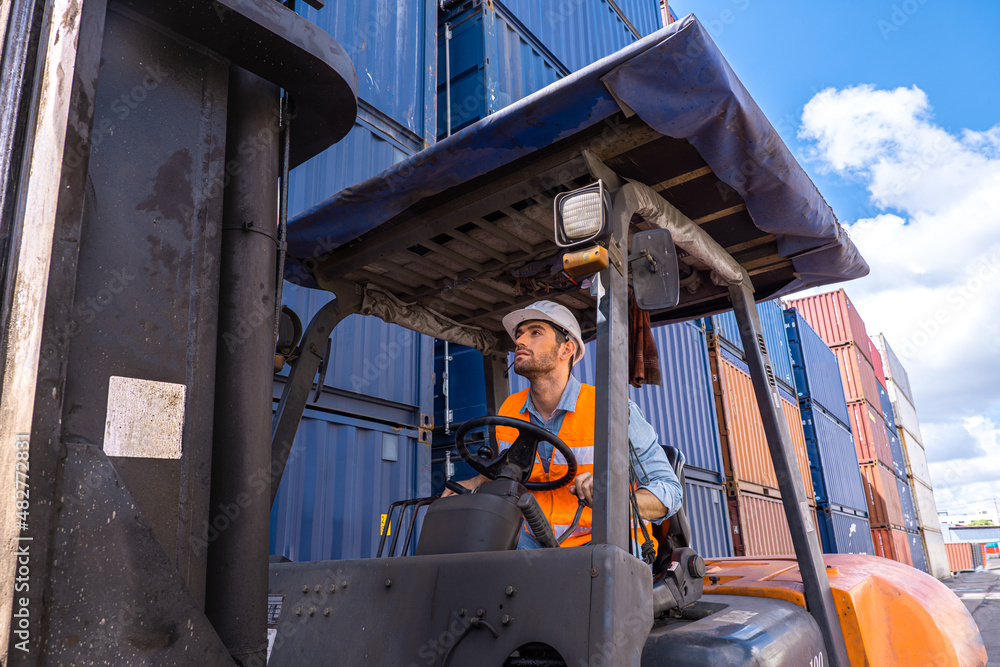 Shipping business background, worker is control to crane working to set to loading many cargo container ship around the world, business to make export and import, logistics transportation concept.