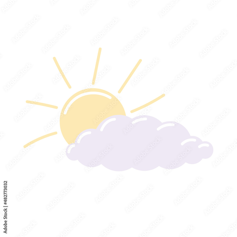 Hand drawn light blue cloud and sun in flat style. Clip-art isolated on white background. Hand drawn light blue cloud and sun in flat style. Clip-art isolated on white background.