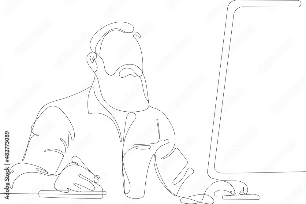 One continuous line is the concept. Vector illustration. Continuous line drawing of young bearded man working at desk in front of monitor during office work