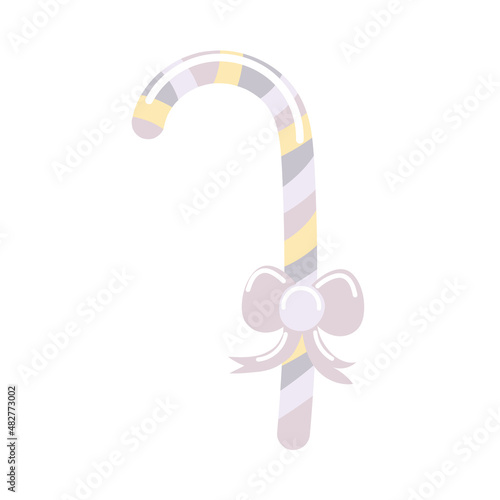 Hand drawn striped colorful candy cane with bow in flat style. Clip-art isolated on white background.