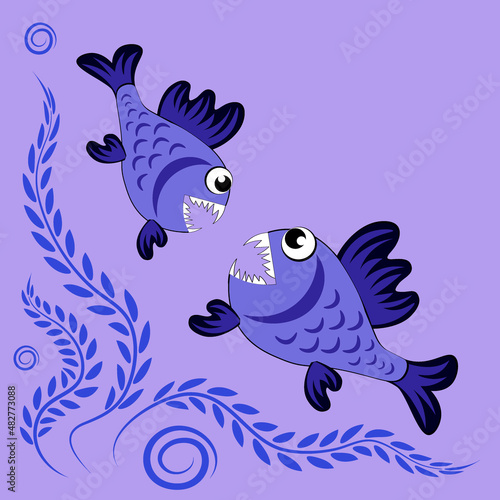 predatory evil piranha fish. Fabulous underwater world. Styling, cartoon style