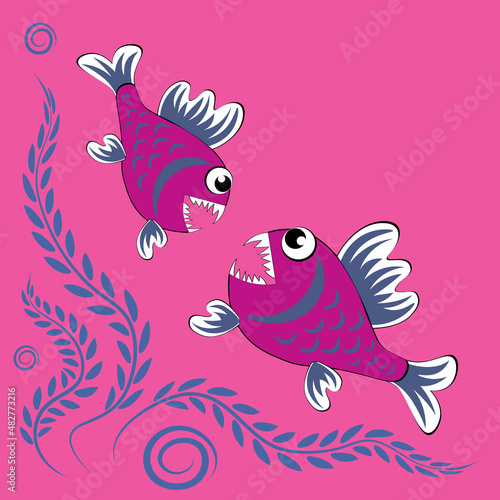predatory evil piranha fish. Fabulous underwater world. Styling, cartoon style