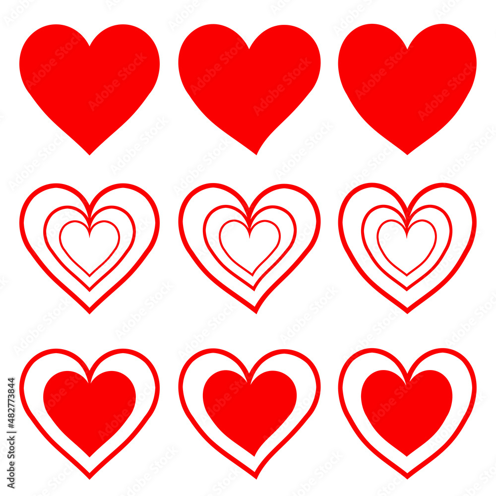 Nine different red heart icons, symbol for love, isolated on white background Nine different red heart icons, symbol for love, isolated on white background