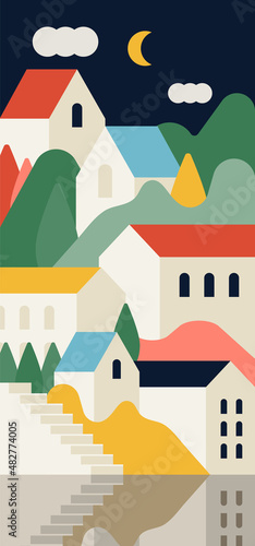 village landscape. Buildings on the hill form a village. flat design style vector illustration.