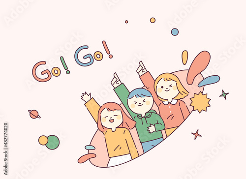 People are raising their fingers and shouting Go!Go! Cute characters with happy faces. outline simple vector illustration.