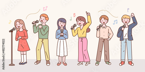 People are holding microphones and singing on stage. flat design style vector illustration.