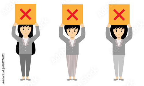 3 Business girls holding cross signs showing not pass or not approve. fail or disapprove concept