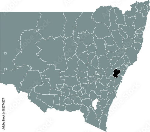 Black flat blank highlighted location map of the HAWKESBURY LOCAL GOVERNMENT AREA inside gray administrative map of districts of Australian state of New South Wales, Australia