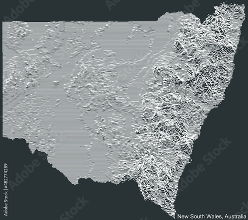Topographic negative relief map of the Australian state of NEW SOUTH WALES, AUSTRALIA with white contour lines on dark gray background