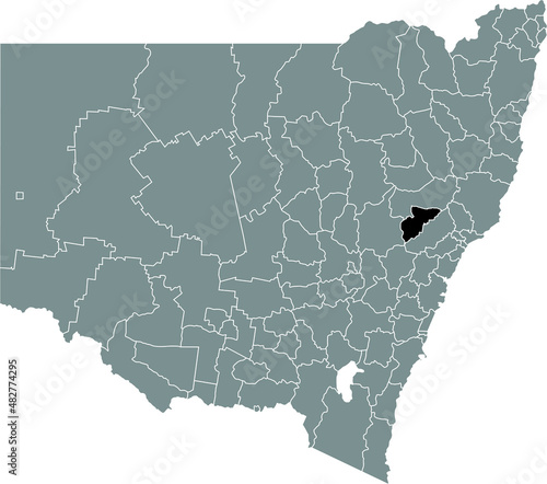 Black flat blank highlighted location map of the MUSWELLBROOK SHIRE AREA inside gray administrative map of districts of Australian state of New South Wales, Australia
