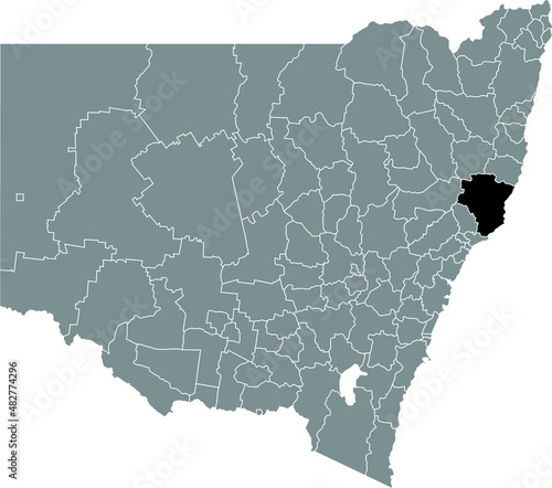Black flat blank highlighted location map of the MID-COAST COUNCIL AREA inside gray administrative map of districts of Australian state of New South Wales, Australia