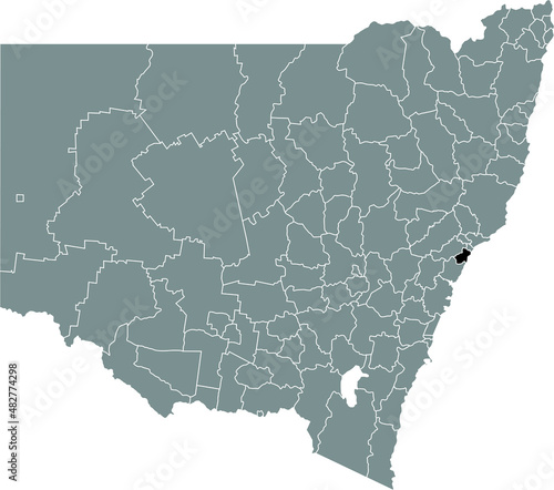 Black flat blank highlighted location map of the CITY OF LAKE MACQUARIE AREA inside gray administrative map of districts of Australian state of New South Wales  Australia