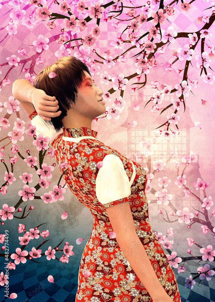 Fototapeta premium 3D Japanese girl in red and sakura branches