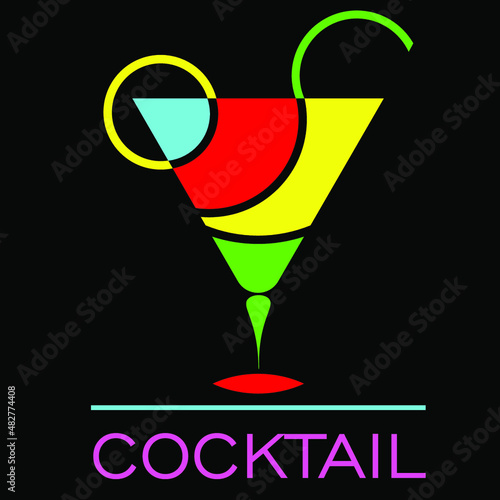 abstract cocktail logo with a glass of multi-colored elements with a straw and a lemon on a dark background