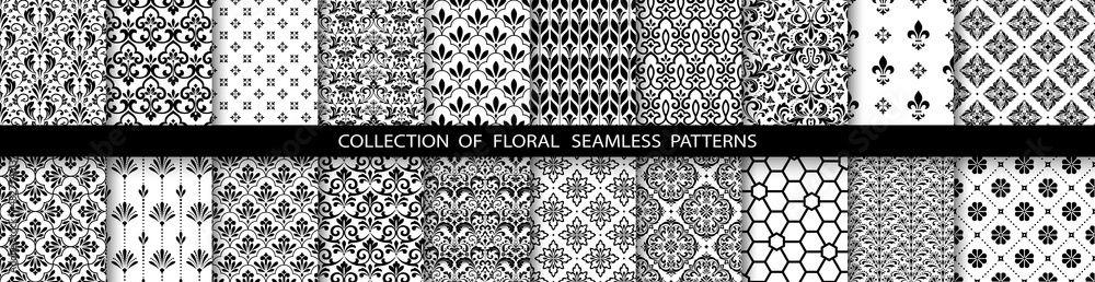Geometric floral set of seamless patterns. Black and white vector backgrounds. Simple illustrations Geometric floral set of seamless patterns. Black and white vector backgrounds. Simple illustrations