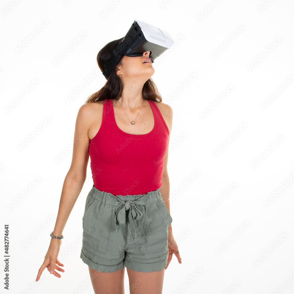 woman with glasses metaverse virtual reality headset VR modern future technology concept on white background woman with glasses metaverse virtual reality headset VR modern future technology concept on white background