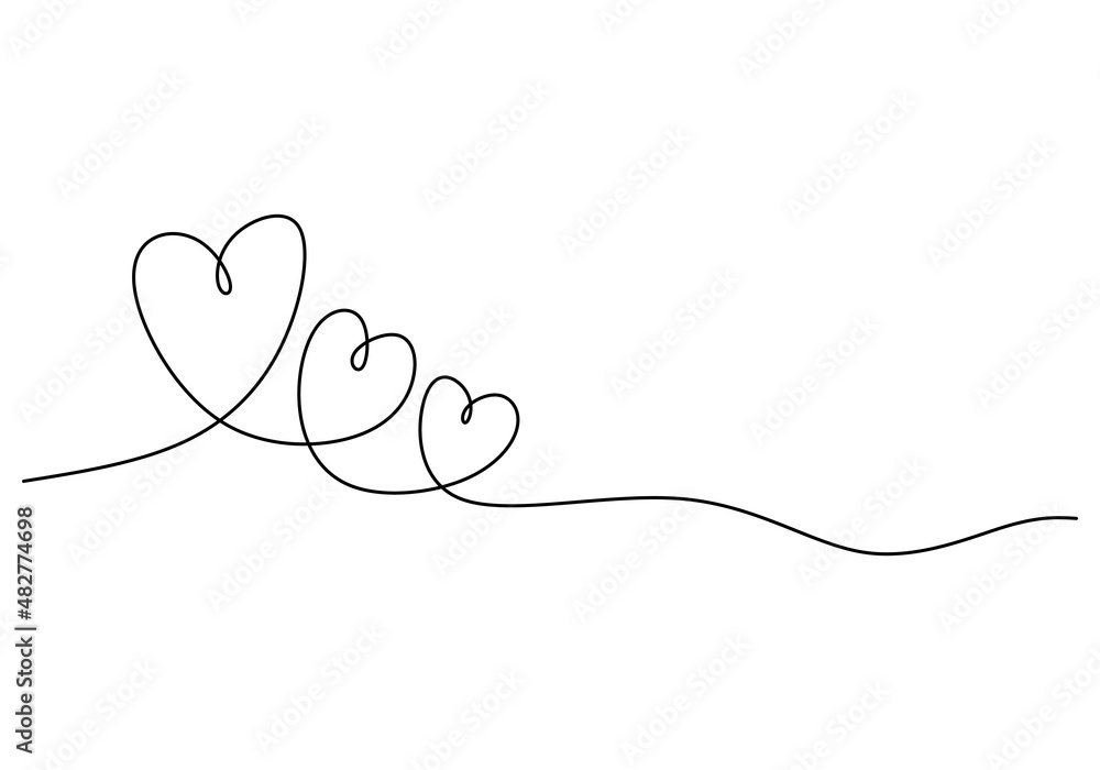 Continuous one single line of three heart love symbols isolated on white background. Continuous one single line of three heart love symbols isolated on white background.