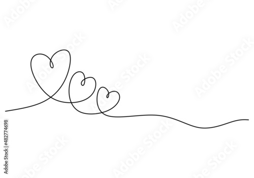 Continuous one single line of three heart love symbols isolated on white background.