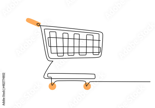 Continuous one single line of trolley shopping isolated on white background.