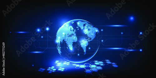 Vector illustrations of holograme neon blue earth sphere for futuristic digital technology artwork.