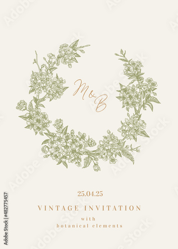 Blooming cherry wreath. Wedding invitation.
