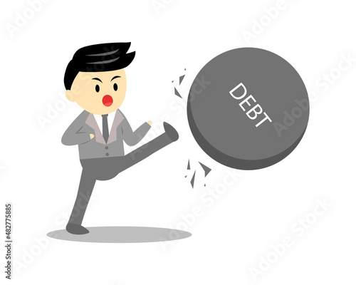 Businessman kicking debt stone with his power cartoon vector